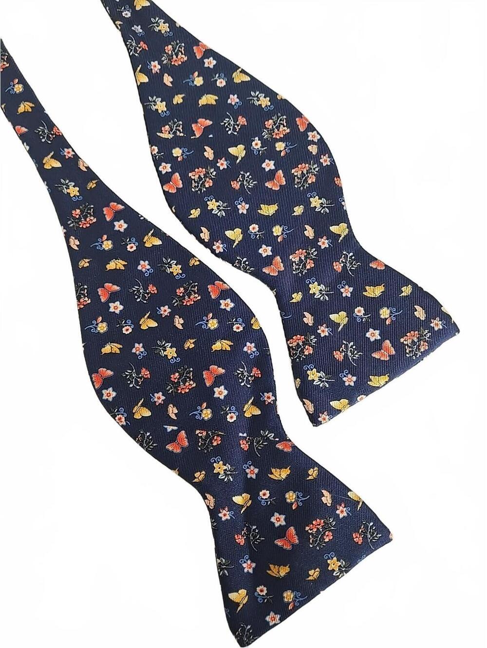 Leonard Paris 100% Silk Bow Tie Navy Blue Floral Adjustable Made in Italy